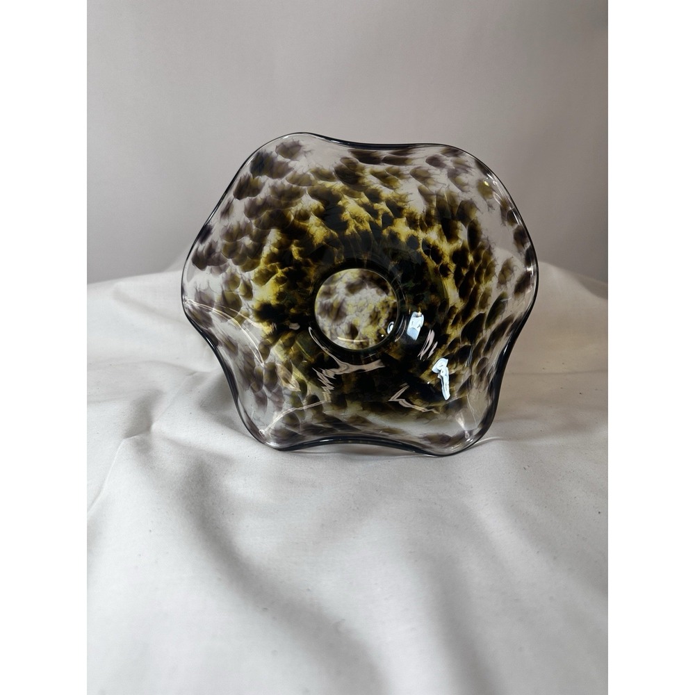 Murano Art Glass Amber, Yellow Tortoise Shell Ruffled 3 Footed Bowl Dish Signed - Picture 9 of 13